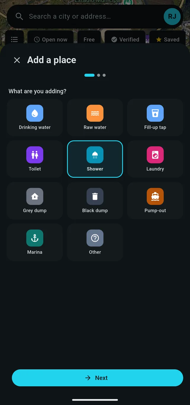 The add-place category step, listing drinking water, toilets, showers, laundry and the other categories.