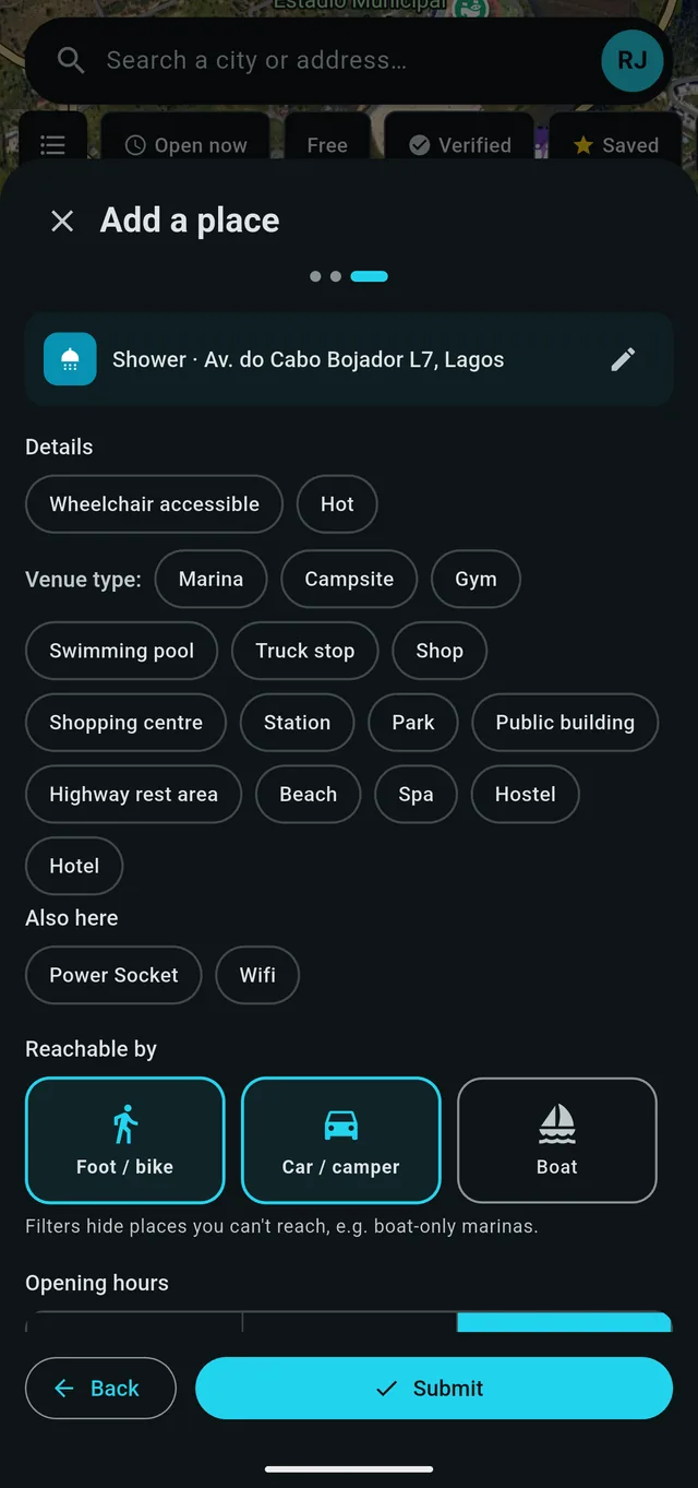 The top of the add-place details step, showing the detail chips, venue type, what else is on site, and how the place can be reached.