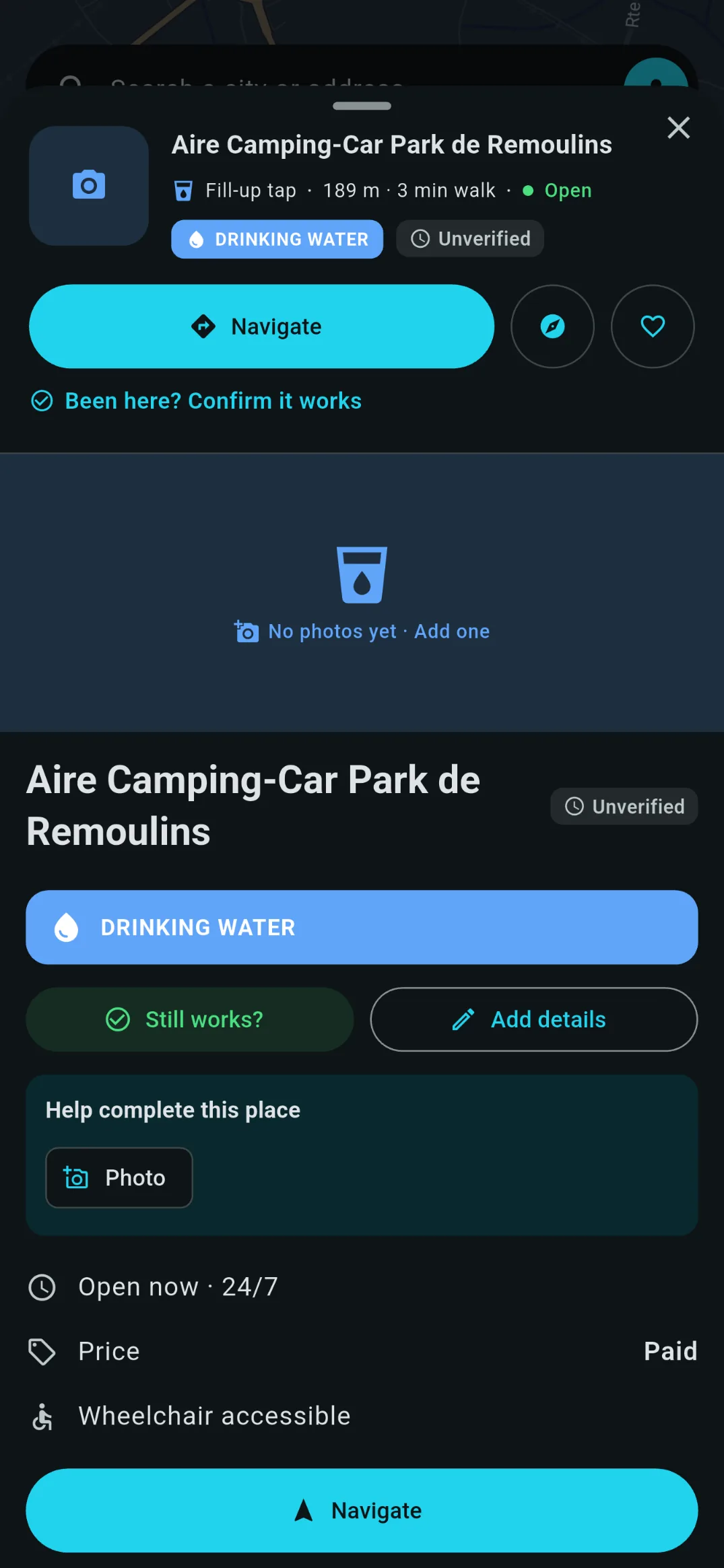 A place sheet showing the Add details action and a prompt to add a photo.