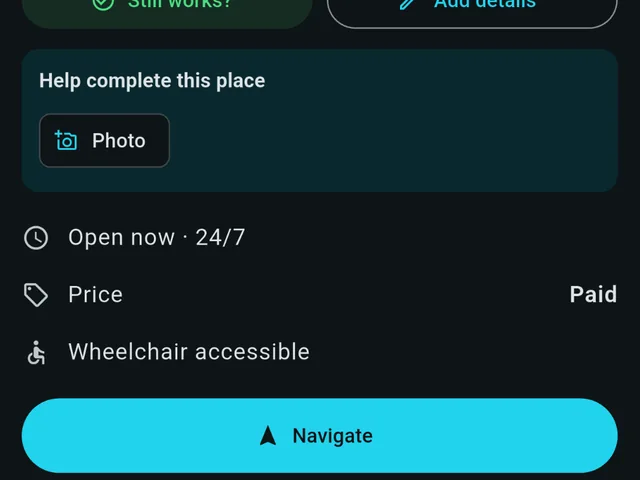 A place sheet for a fill-up tap, showing it is open 24/7, paid and wheelchair accessible.